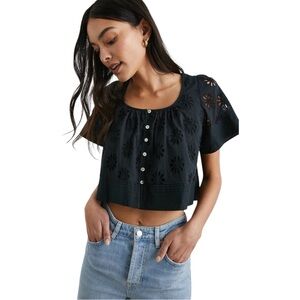 NWT Rails Bambina Black Eyelet Crop Top Short Sleeve Cotton Button Down Sz XL‎